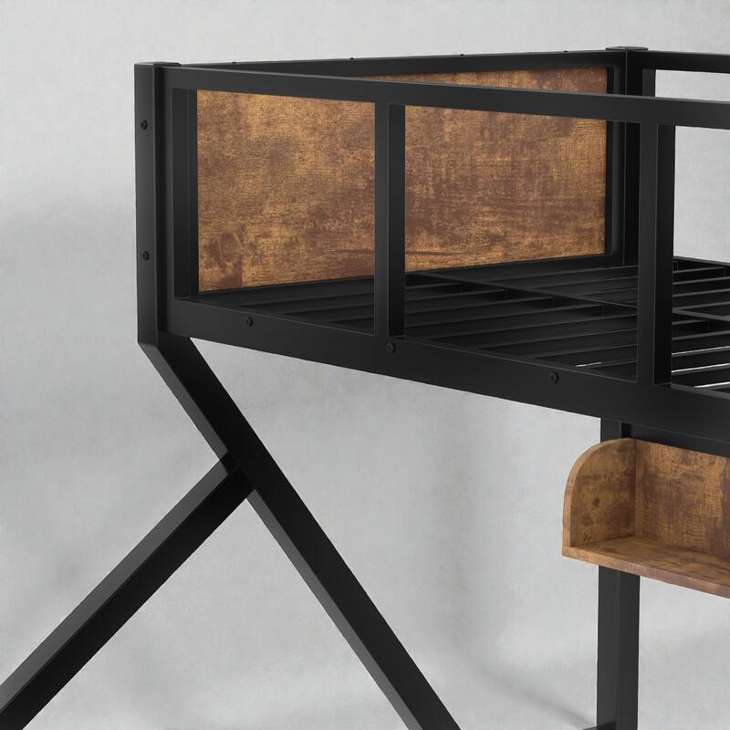 Space-Saving Metal Bunk Bed with Shelves, LED Strip Lighting, Guardrails and Woodgrain Panels, Multiple Size Options