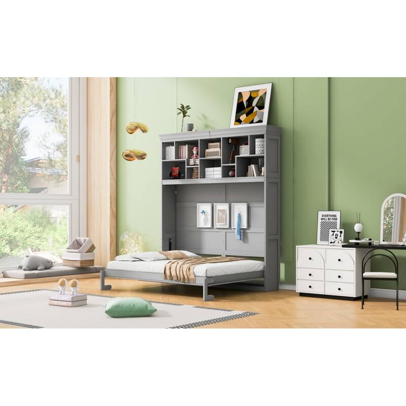 Queen Size Murphy Bed Wall Bed with Top Storage Shelves, Luxurious Foldable Storage Bed Frame with Charging Station