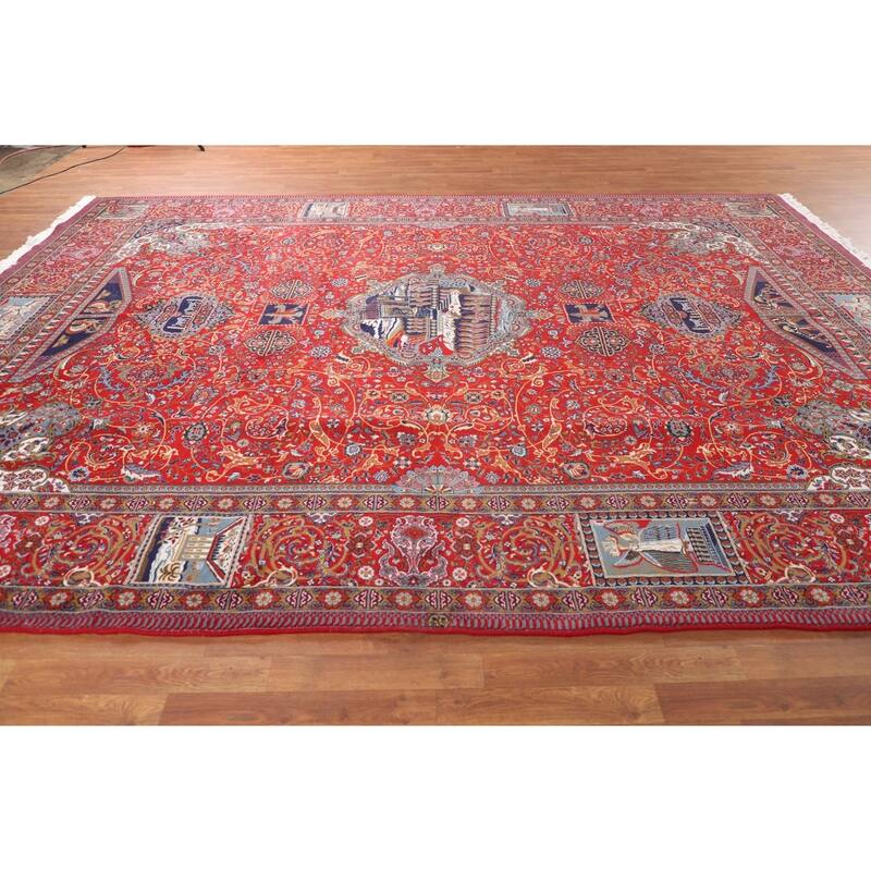 Red Pictorial Animals Kashan Turkish Area Rug Machine Made Carpet - 9'7" x 13'2"