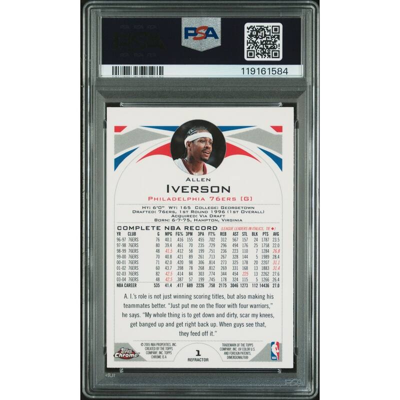 Allen Iverson 2004 Topps Chrome Refractor Signed Basketball Card #1 Auto Graded PSA 10 Cert # 119161584 - 8' x 11'