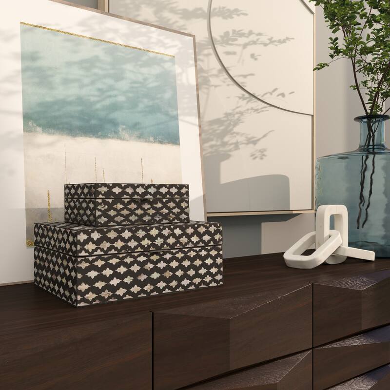 Mother of Pearl Shell Handmade Decorative Box - Set of 2 Beige, Black, Cream, White, Blue, Light Blue - Roche River Decor