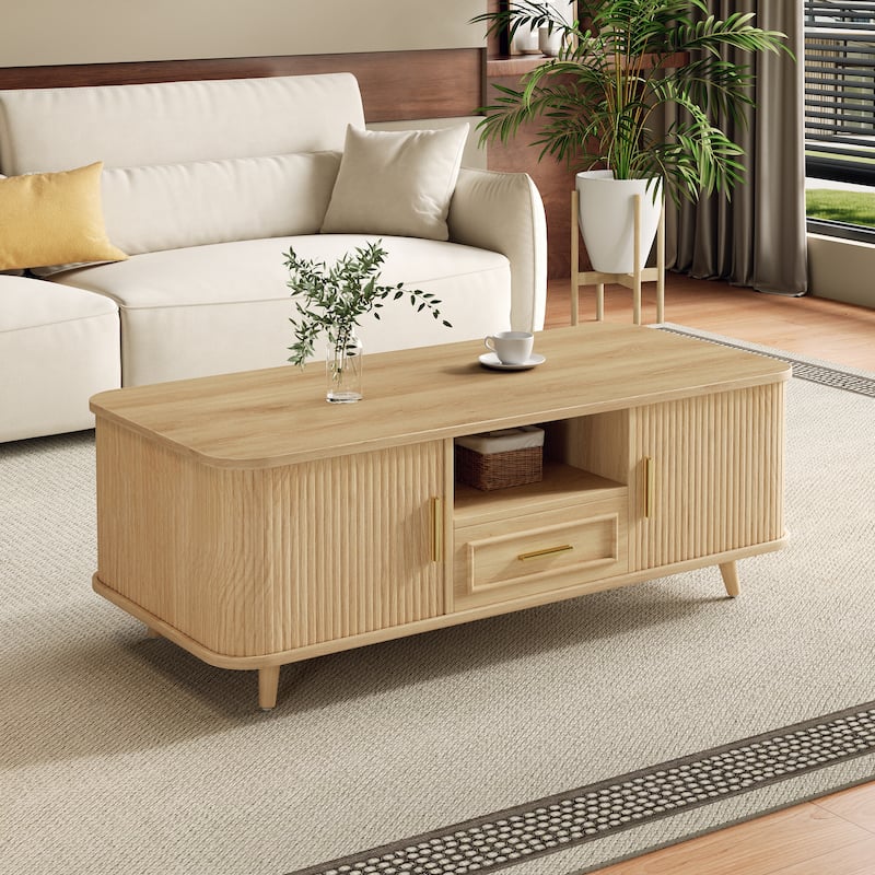 Christopher Knight Home - Arlo Mid-Century Modern Coffee Table with Tambour Doors and 6-Compartment Storage Drawer - Natural