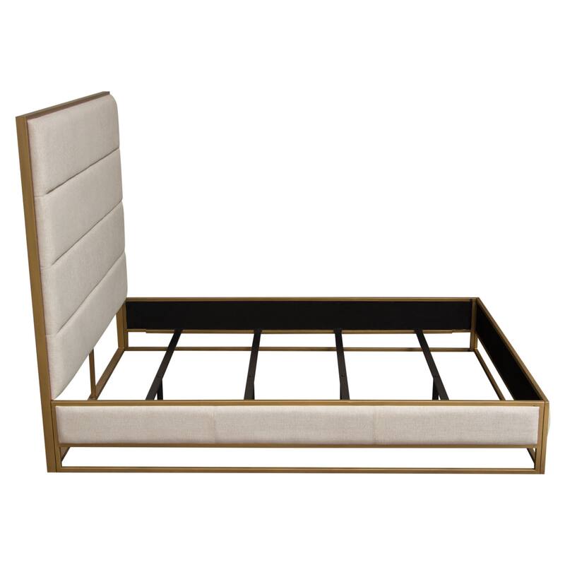 Chek King Size Bed w Channel Tufted Upholstery, Sand Brown, Gold Metal