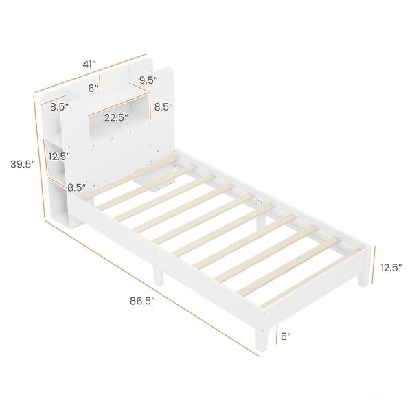 dimension image slide 0 of 2, Twin Size Wooden Platform Bed Frame with Storage Headboard and 2-Tier Shelf