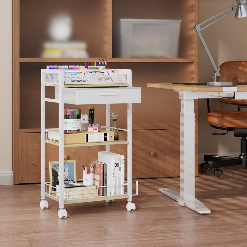 Metal Utility Cart with Storage Drawer and Wheels - 34.7"D x 9.3"W x 16.9"H