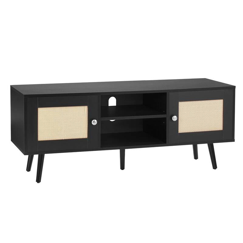 Rattan TV Stand for 55" Entertainment Center with Rattan Door Black - 47 inches in width