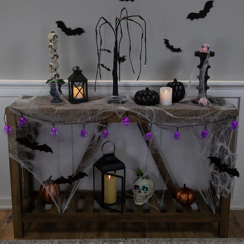 10-Count Pre-Lit LED Purple Spider Halloween Lights 6ft Black Wire