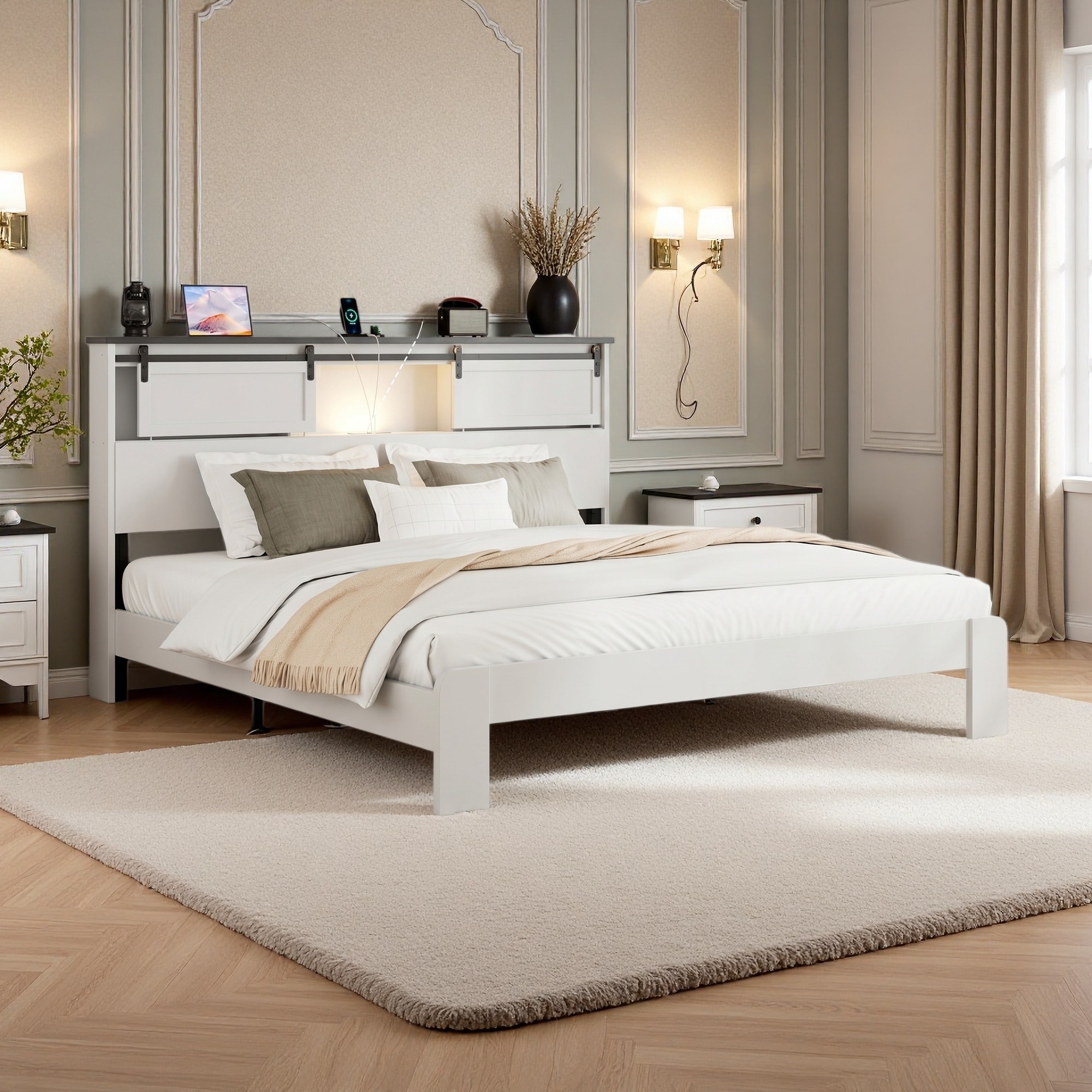 Metal Platform Bed Frame with Charging Station and Storage Headboard