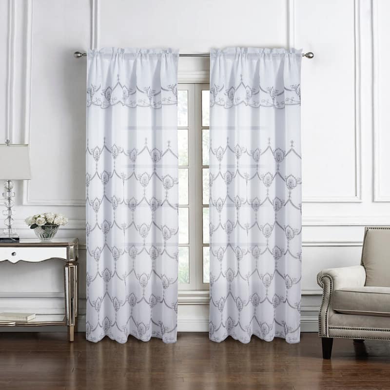Embroidered Window Curtain Panel with Attached Valance 90" - Rochelle - Silver