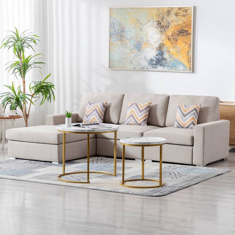 Linen Fabric 3 Piece Reversible Sectional Sofa Chaise with Pillows and Interchangeable Legs in Beige