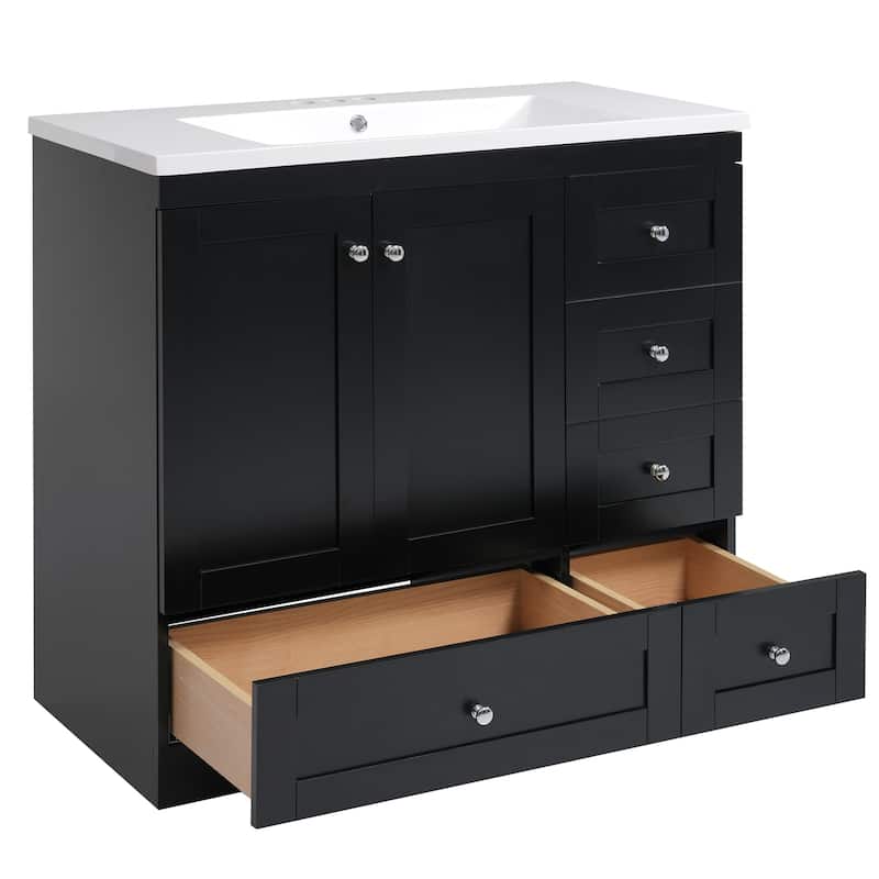 GDFStudio - Vega Wood & Ceramic 36" Shaker Style Bathroom Vanity with Sink, 4 Drawers & 2 Doors