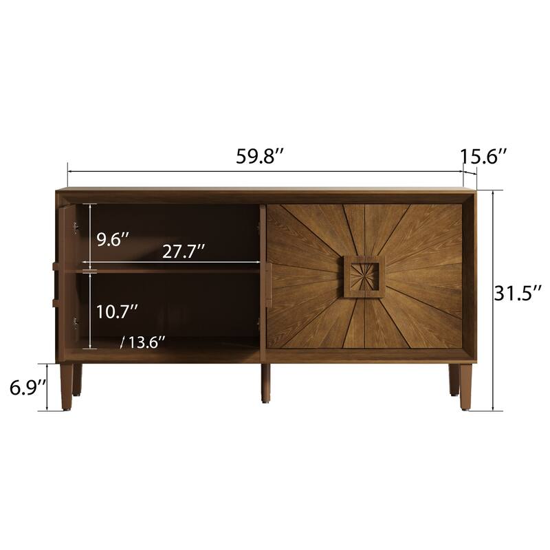60'' Rustic American Farmhouse Credenza with Sunburst Doors, Antique Wood TV Stand with Adjustable Shelves