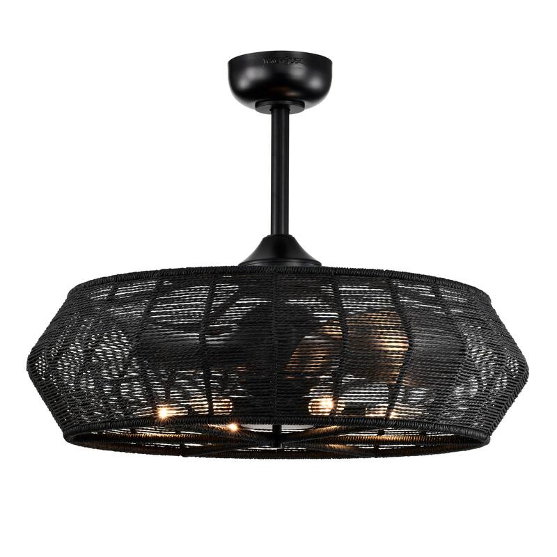 Akasha 28 Inch Rattan Rope 6 Light Fandelier with Remote (Matte Black Color)