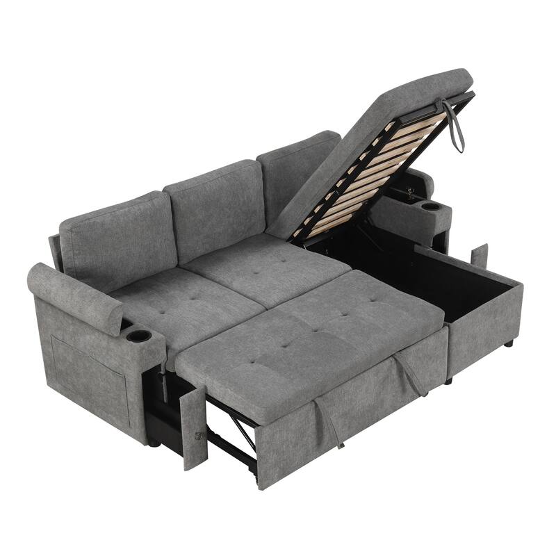 83.5" Chenille L-Shaped Sectional Sofa with Convertible Sofa Bed, Storage Chaise, Cup Holders & USB Ports