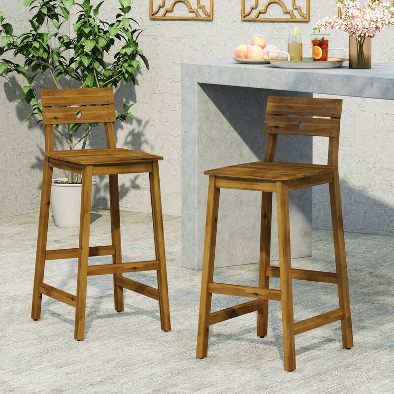 Roomfitters 2-Piece Outdoor Acacia Wood Bar Stools, Rustic Patio Counter Height Dining Chairs with Slat Back Design, Brown - Brown