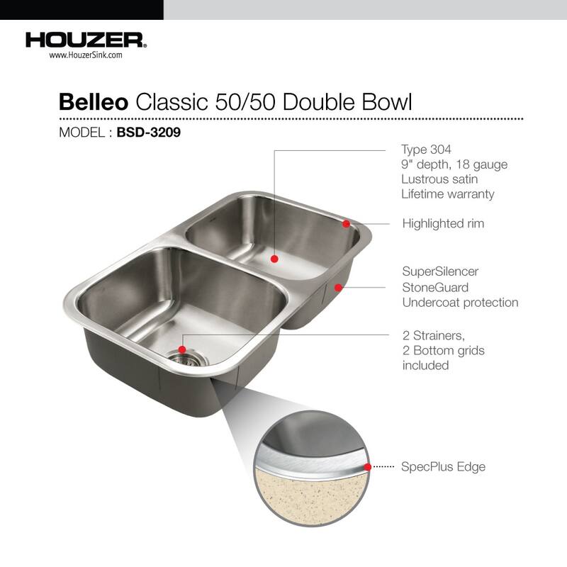 Houzer Belleo 32" Drop In Double Basin Stainless Steel Kitchen Sink - Stainless Steel