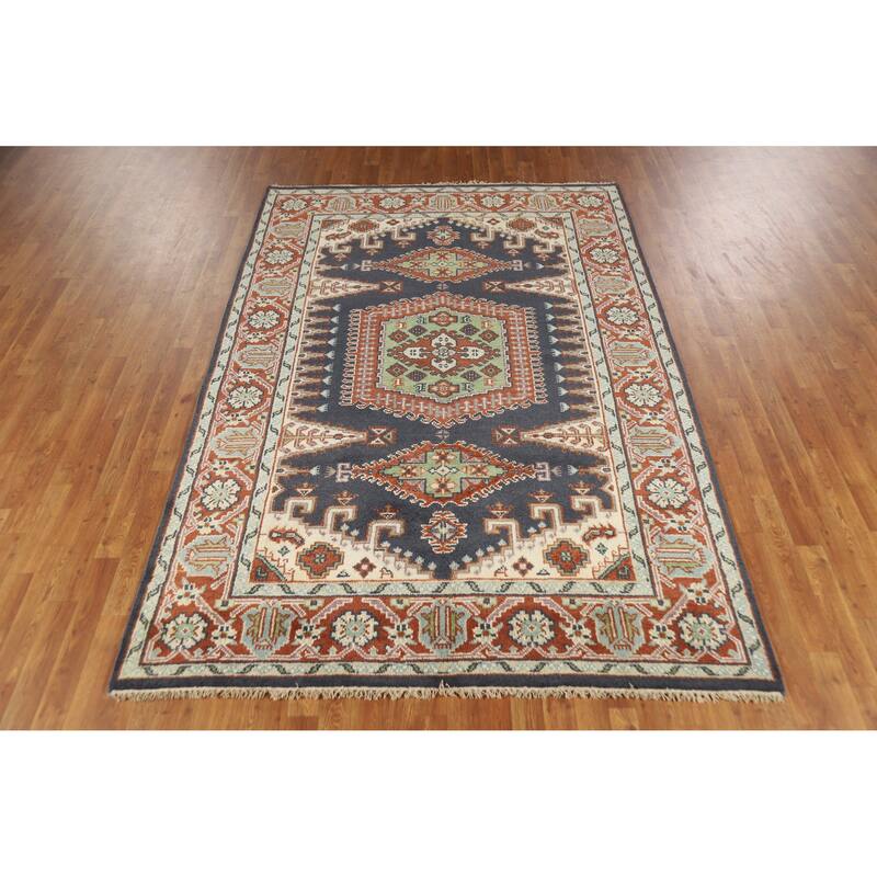 Blue Geometric Viss Indian Area Rug Hand-Knotted Wool Carpet - 6'0" x 8'9"