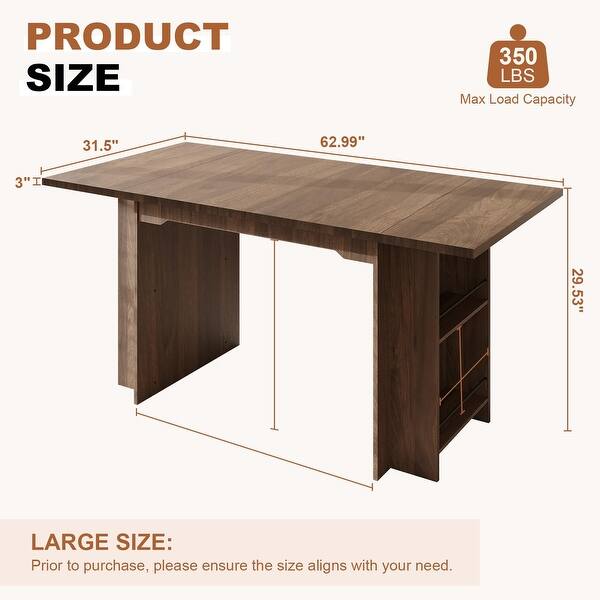 Rectangle Kitchen Table with Side Storage Shelves,63 Inch Farmhouse Dining Table for 4-6 People