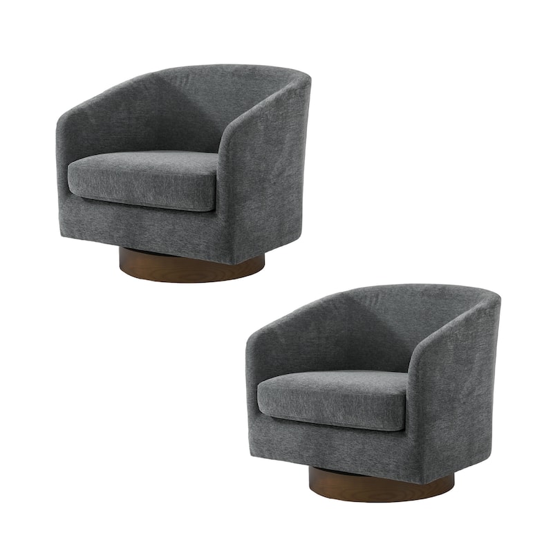 Faux Leather Wide Seat Swivel Barrel Chair - 2 Set/Brown Base - Gray/Chenille