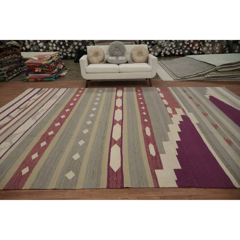 Hand Woven Oriental 100% Wool Carpet Southwestern Tribal Greys & Charcoal Kilim Area Rug - 13' 10'' X 9' 10''