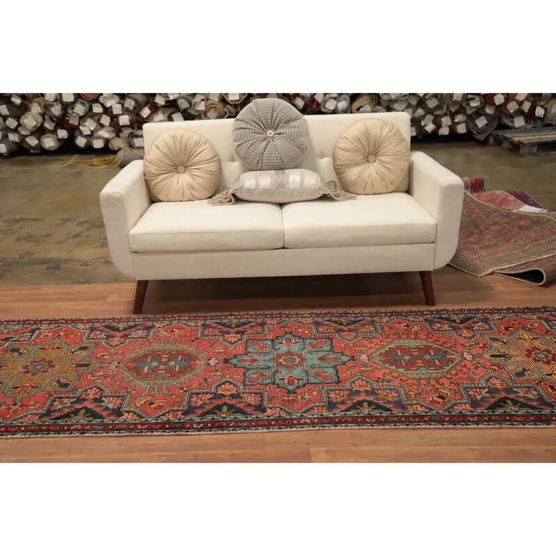 Hand Knotted Oriental 100% Wool Carpet Traditional Geometric Oranges & Rust Heriz Runner Rug - 12' 4'' X 3' 1''