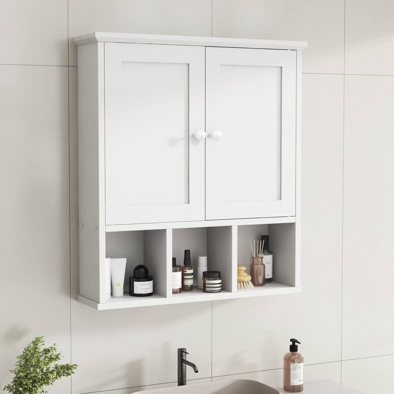 Wall-Mounted Bathroom Cabinet with Open Storage - White