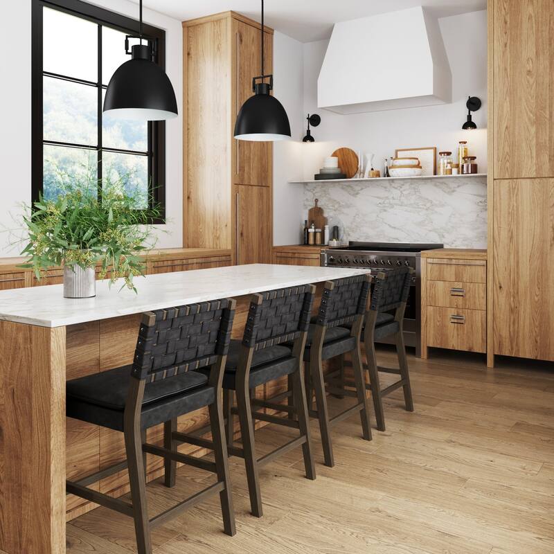 Nathan James Cohen Faux Leather Counter or Bar Height Stool, Solid Wood Frame with Footrest and Woven Leather Back