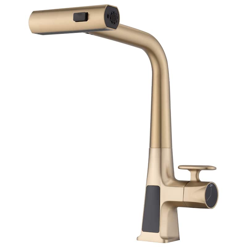 Modern 360°Rotating Waterfall Kitchen Faucet with Temperature Display & Pull Down Sprayer - Brushed Gold