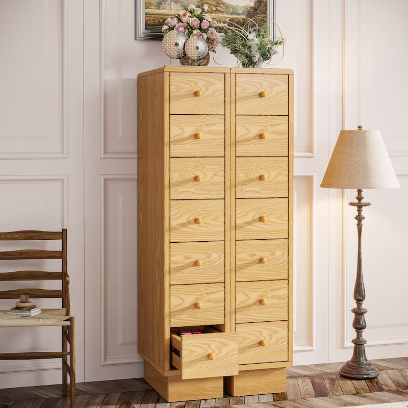 Tall Dresser with 5 Drawers, Wood Slim Storage Drawer Organizer, Oak - 2 Pcs - 7-drawer