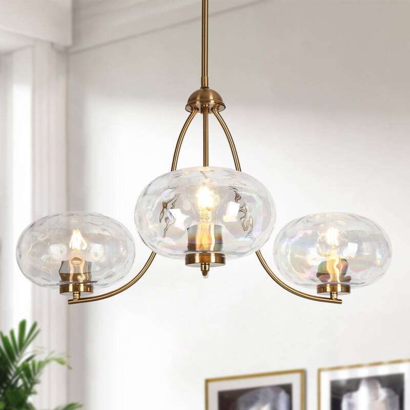 Mid-century Modern Gold 3-Light Chandelier with Textured Colored Art Glass Shade for Dining Room Bedroom - D 31" x H 14"