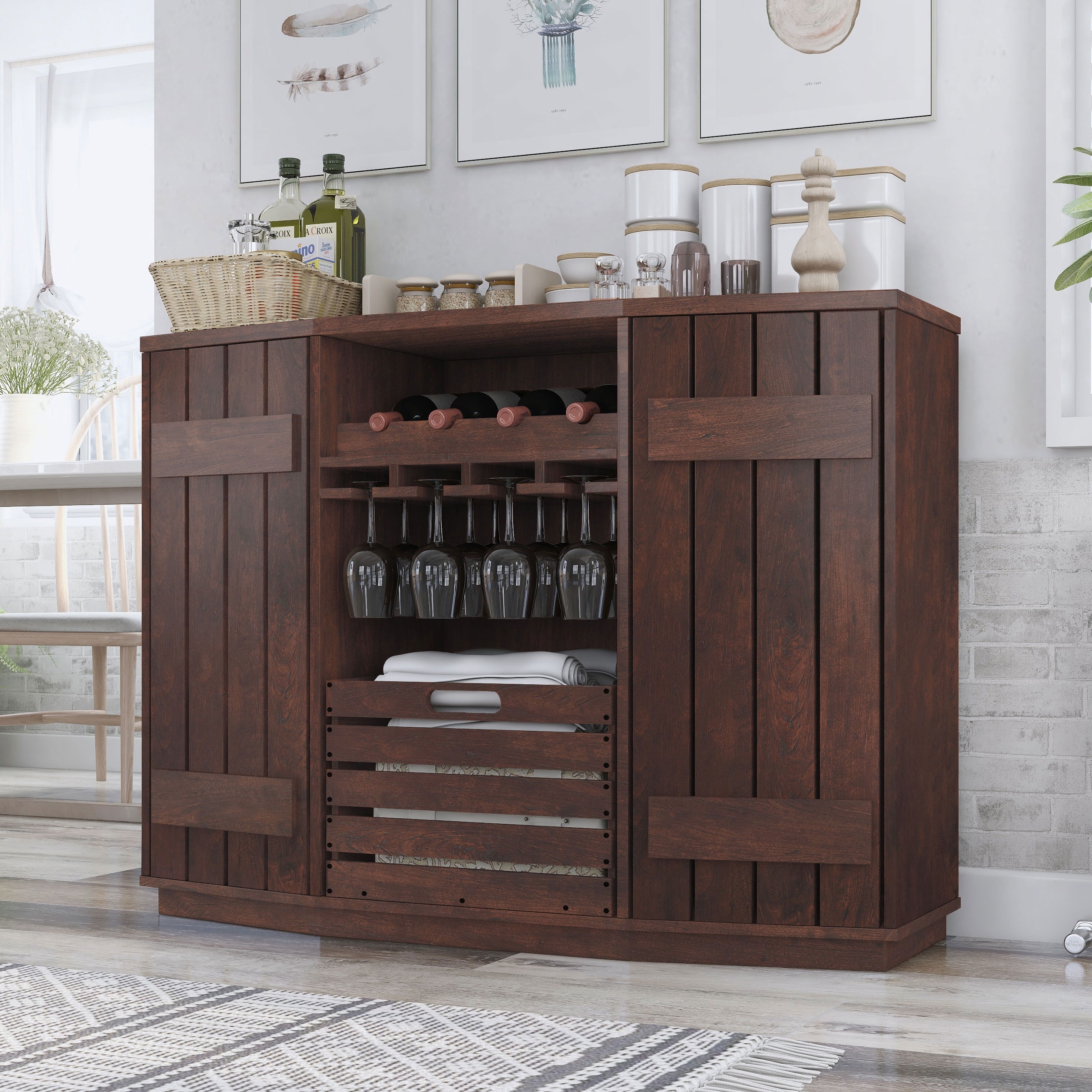 Furniture of America Lath Rustic 6-Shelf Server Cabinet with 4-Bottle Wine Rack and 12 Glass Stemware Holders