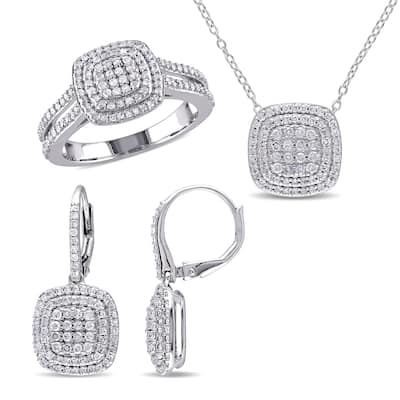 Miadora 1 7/8ct TDW Diamond Double Halo Ring Necklace Leverback Earrings Set Sterling Silver
