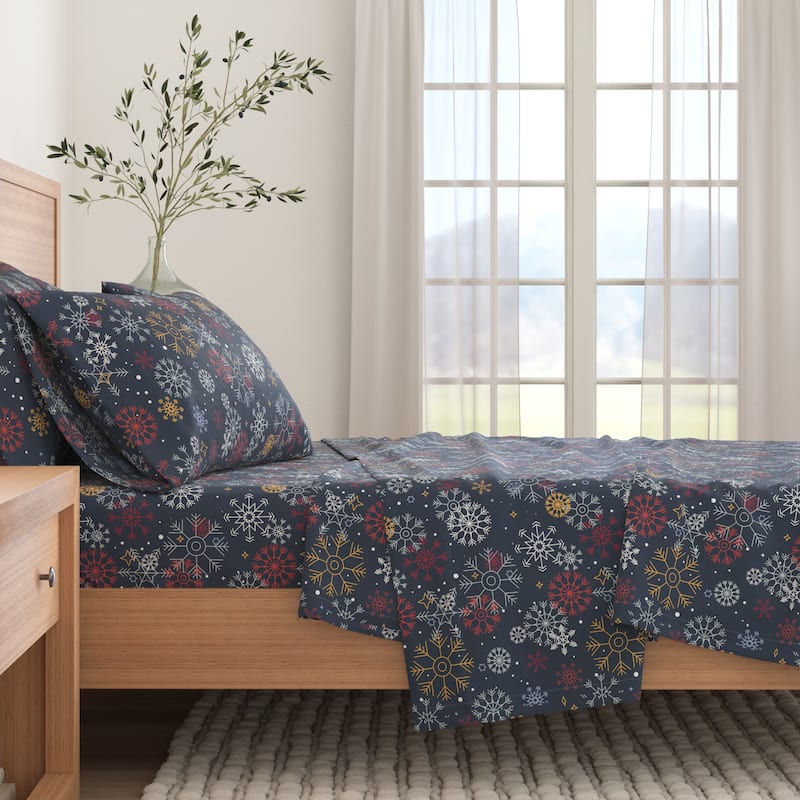 Linery & Co. Ultra-Soft Turkish Cotton Flannel Holiday Print Sheet Set - California King - New Snowflake