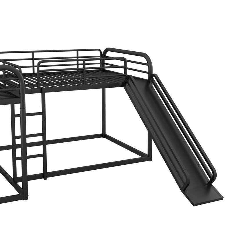 L-Shaped Full and Twin Bunk Bed with Slide, Ladder, and Metal Frame, Black