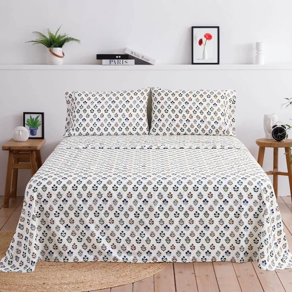 Happy Garden Cotton Sheet Set Multi Blue