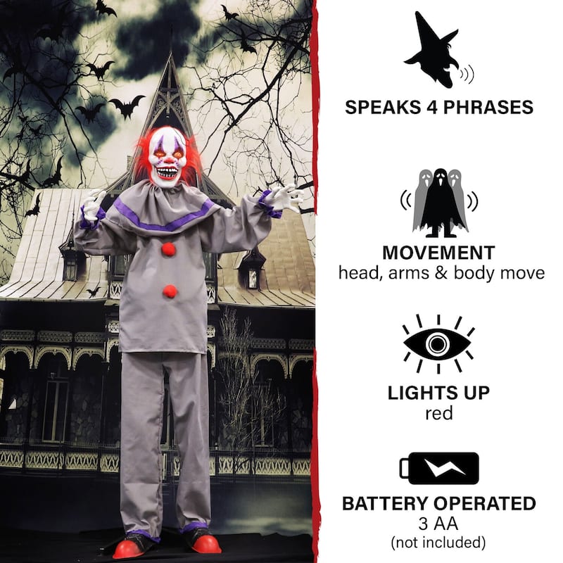 Haunted Hill Farm Life-Size Animatronic Clown with Lights and Sound, Indoor/Covered Outdoor Halloween Decoration