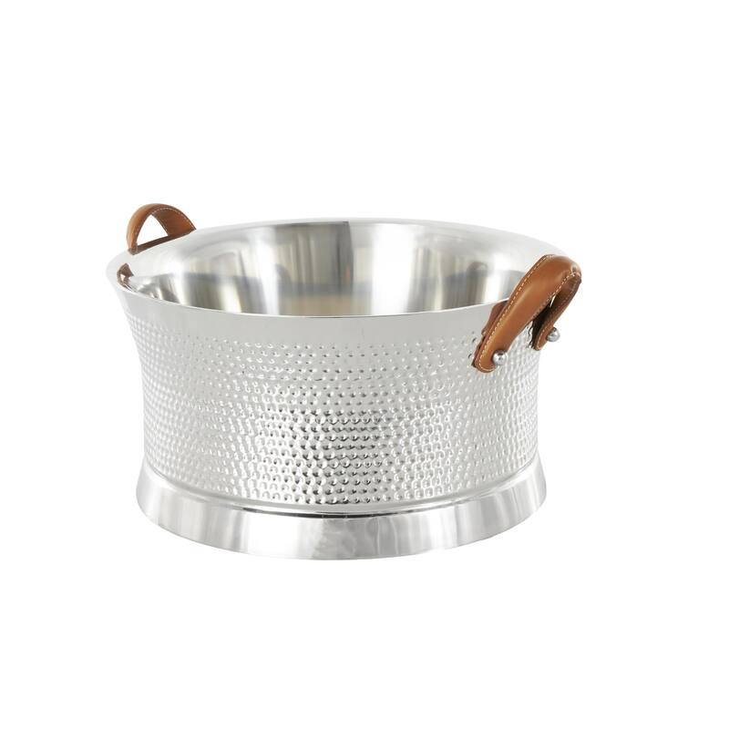 Silver Stainless Steel Metal Hammered Ice Bucket with Brown Leather Handles - 18"W x 21"L x 11"H