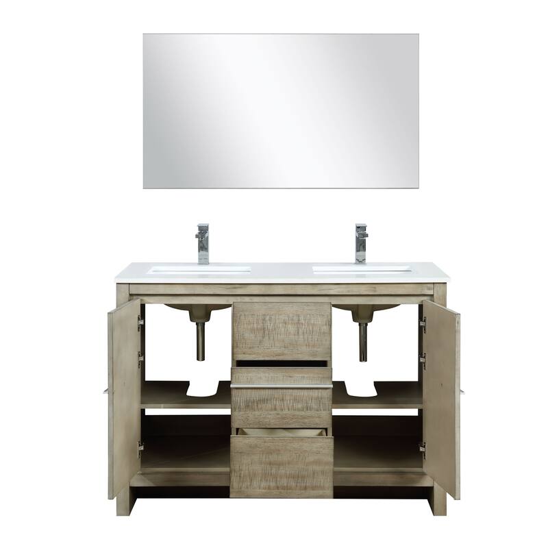 Lafarre 30 in W x 20 in D Rustic Acacia Bath Vanity, White Quartz Top, Brushed Nickel Faucet Set and 28 in Mirror