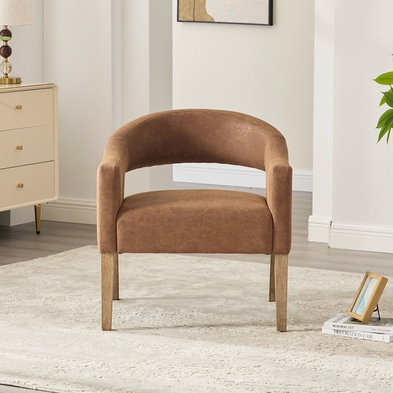 Modern Upholstered PU Open Back Accent Armchair Barrel Dining Chair with Weathered Rubberwood Legs