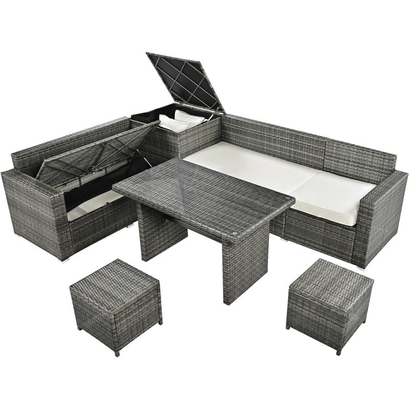 6-Piece All-Weather PE Rattan Patio Set – Adjustable Seating, Storage Box, Removable Covers & Tempered Glass Table Top‌