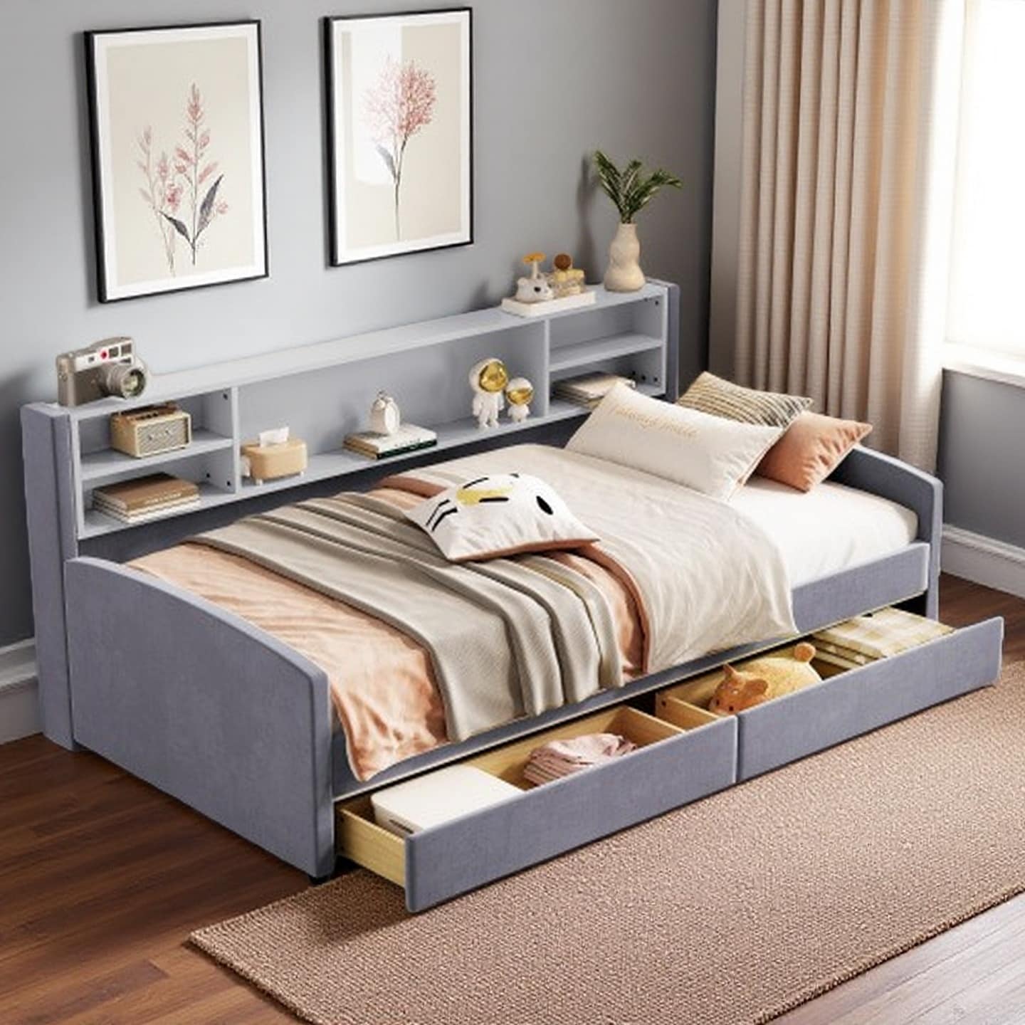 Twin Velvet Upholstered Bed Frame with Storage Drawers and Built-In Shelf, Platform Design with Plush Headboard