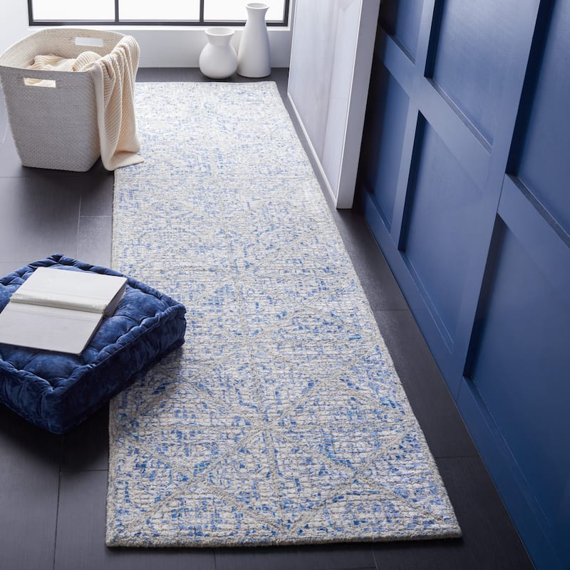 SAFAVIEH Handmade Artistry Itta Wool & Viscose Rug - 2'3" x 9' Runner - Blue/Natural