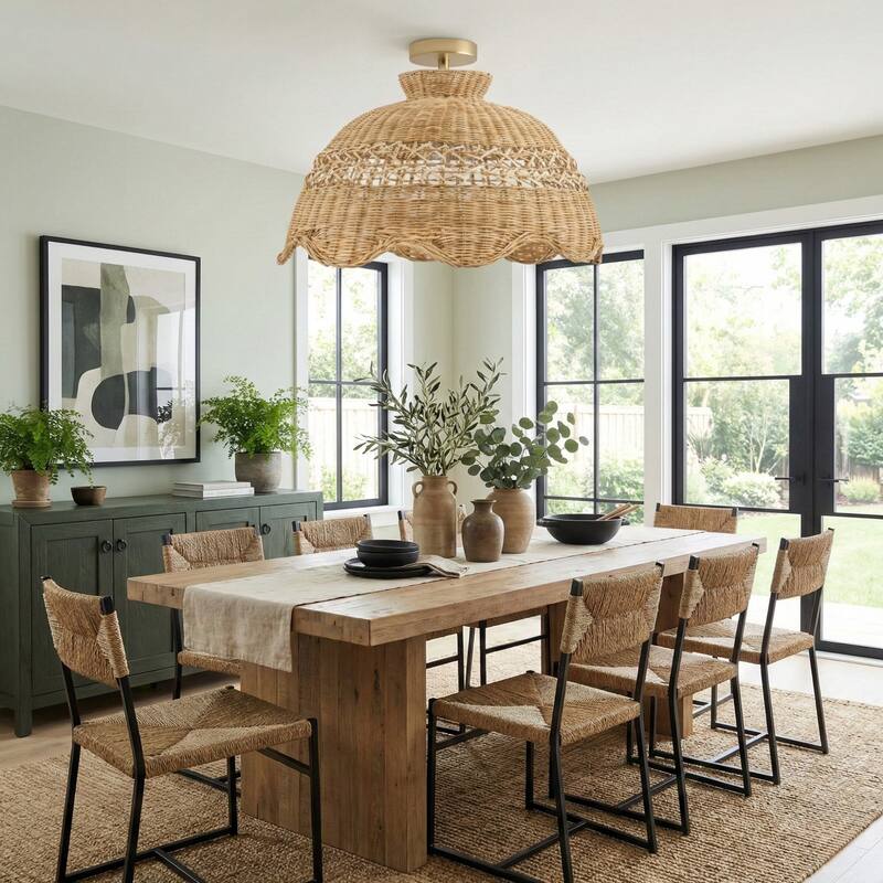 Le Perle Rattan Flush Mount Rattan Natural Handwoven Ceiling Light for Bedroom or Hallway in Farmhouse, Boho, Country Style