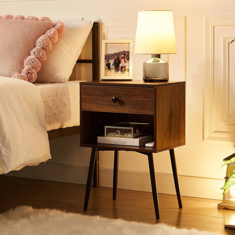 VECELO, (Set of 2) Modern 1-Drawer Brown/Grey Nightstand with Storage Shelf