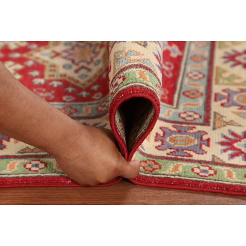 Geometric Kazak Foyer Rug Hand-Knotted Oriental Red Wool Carpet - 2'7" x 4'2"