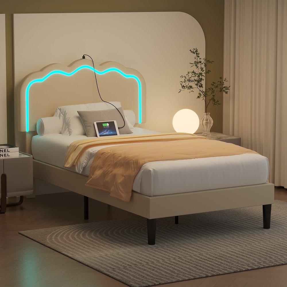 VECELO Luxury Velvet Smart Bed Frame with RGB Headboard & USB/Type-C Charging Height-Adjustable Headboard