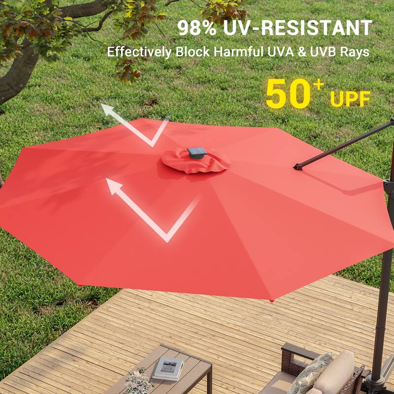 BONOSUKI Solar-powered 10FT Cantilever Patio Umbrella, Ultimate Outdoor Comfort with 360° Rotation and Canopy Angle Adjustment
