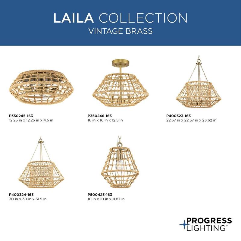 Laila Collection Four-Light Vintage Brass Coastal Chandelier with Woven Jute Accents - 22.37 in x 22.37 in x 23.62 in