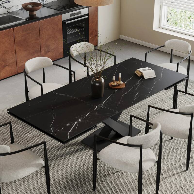9 - Piece 94.48'' Modern Minimalist Extendable Sintered Stone Top Dining Set with 8 Fabric Chairs