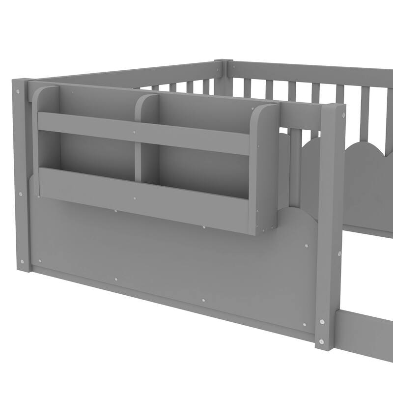 Roomfitters Floor Bed with Bookshelf and Heightened Fence, Solid Wood Frame with Guardrails